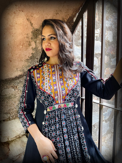 Black Ajrakh Kuttchi & Zardosi Embroidery Gown