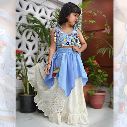 A Blissful Walk- Hand Embroidered Chambrey Girls Lahenga Set - Sky Blue