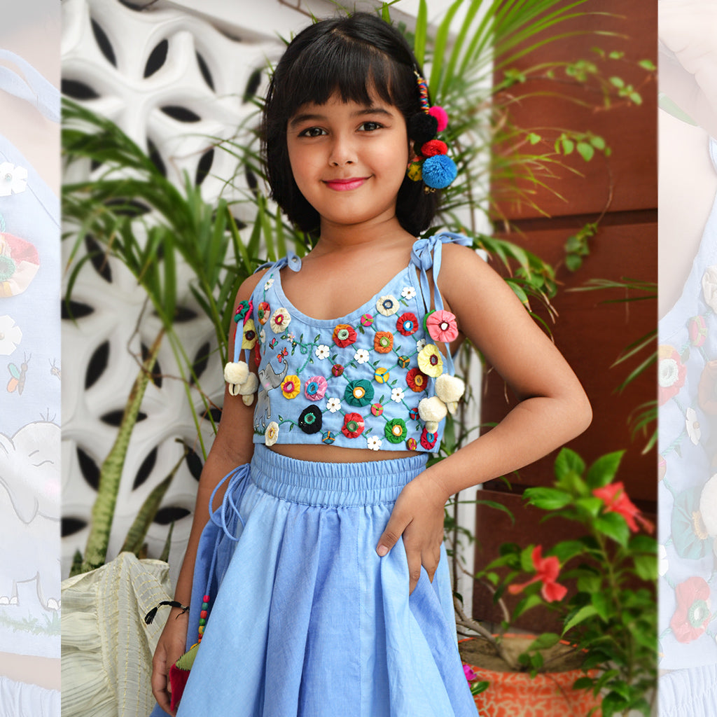 A Blissful Walk- Hand Embroidered Chambrey Girls Lahenga Set - Sky Blue