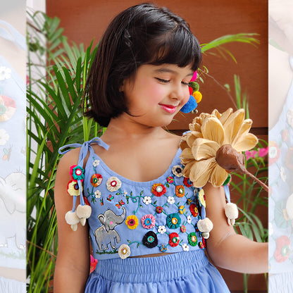 A Blissful Walk- Hand Embroidered Chambrey Girls Lahenga Set - Sky Blue