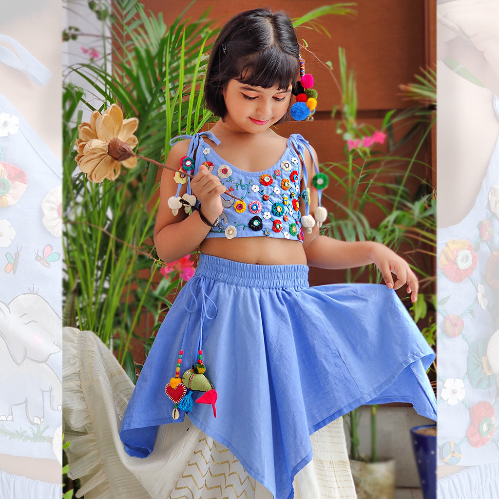 A Blissful Walk- Hand Embroidered Chambrey Girls Lahenga Set - Sky Blue