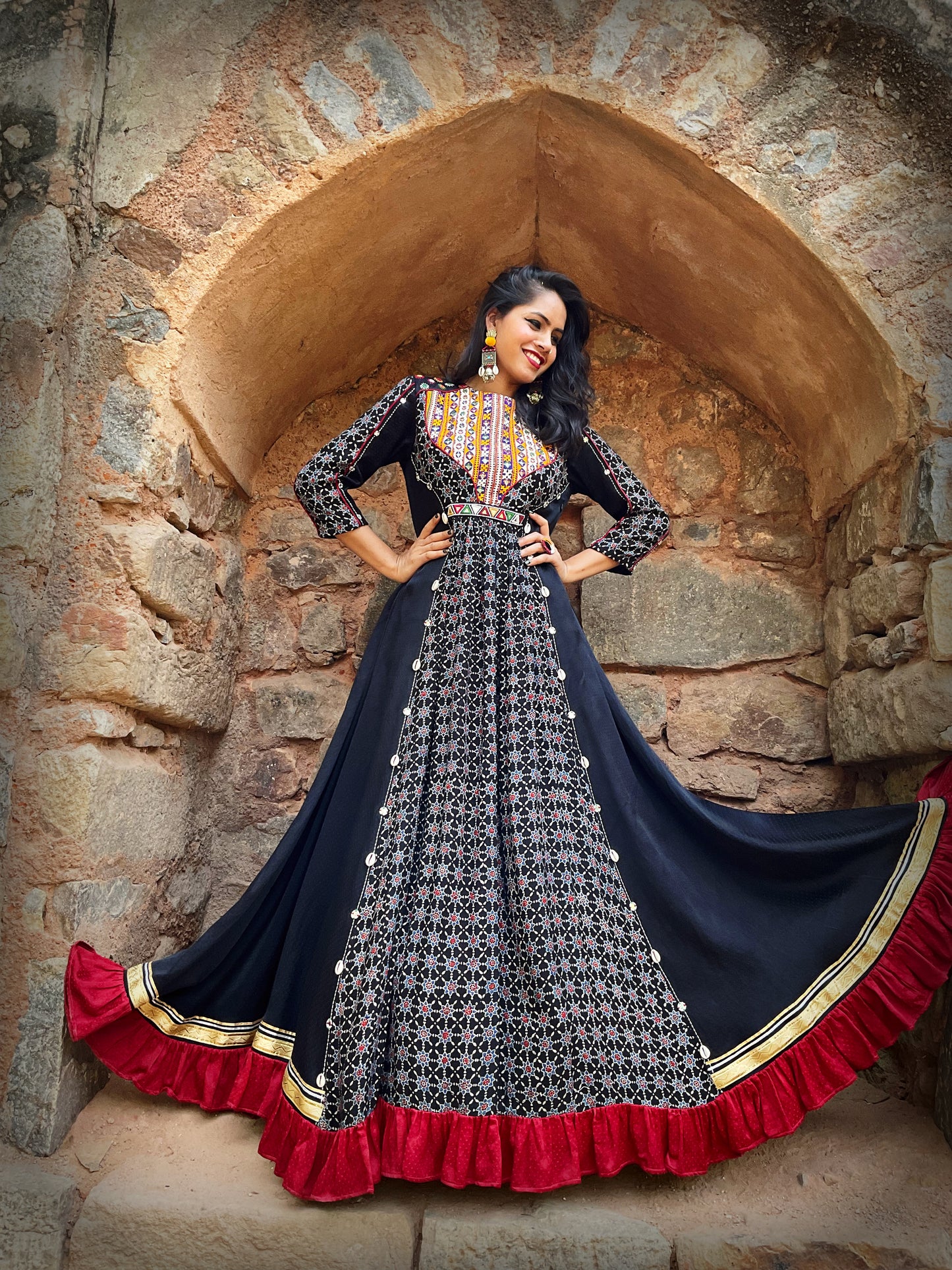 Black Ajrakh Kuttchi & Zardosi Embroidery Gown