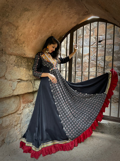 Black Ajrakh Kuttchi & Zardosi Embroidery Gown