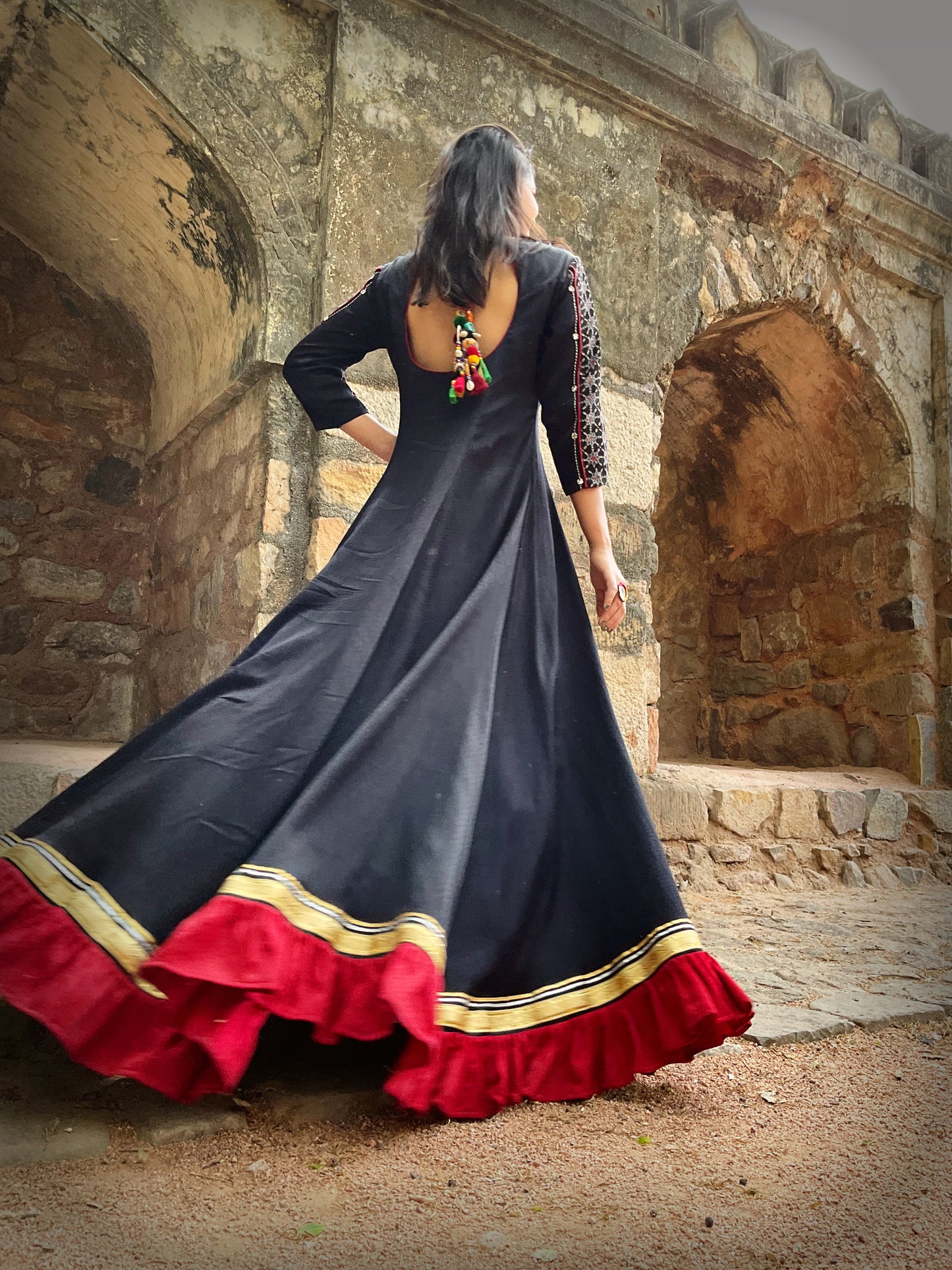 Black Ajrakh Kuttchi & Zardosi Embroidery Gown