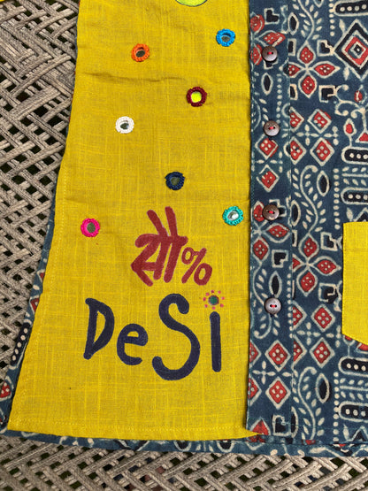 100% Desi Mirror Work and Hand Painted Boys Kurta Pyjama Set Mustard