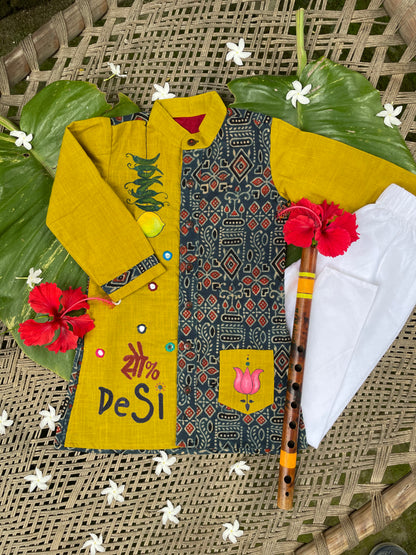 100% Desi Mirror Work and Hand painted Boys Kurta Pyjama Set Mustard