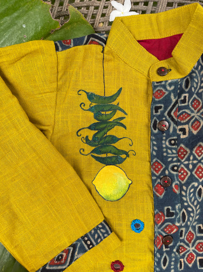 100% Desi Mirror Work and Hand painted Boys Kurta Pyjama Set Mustard