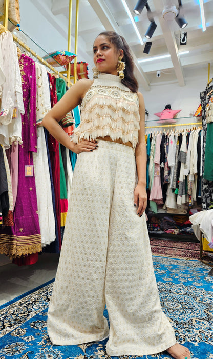 Dahlia - Off white Hand embroidered Sequins Work Top and Flared Pants Set