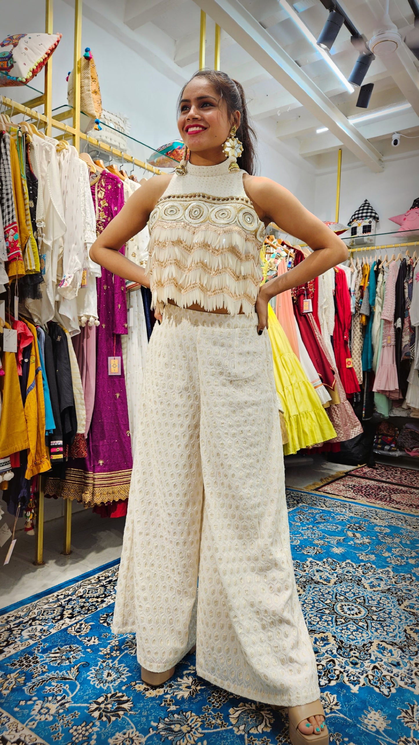 Dahlia - Off white Hand embroidered Sequins Work Top and Flared Pants Set