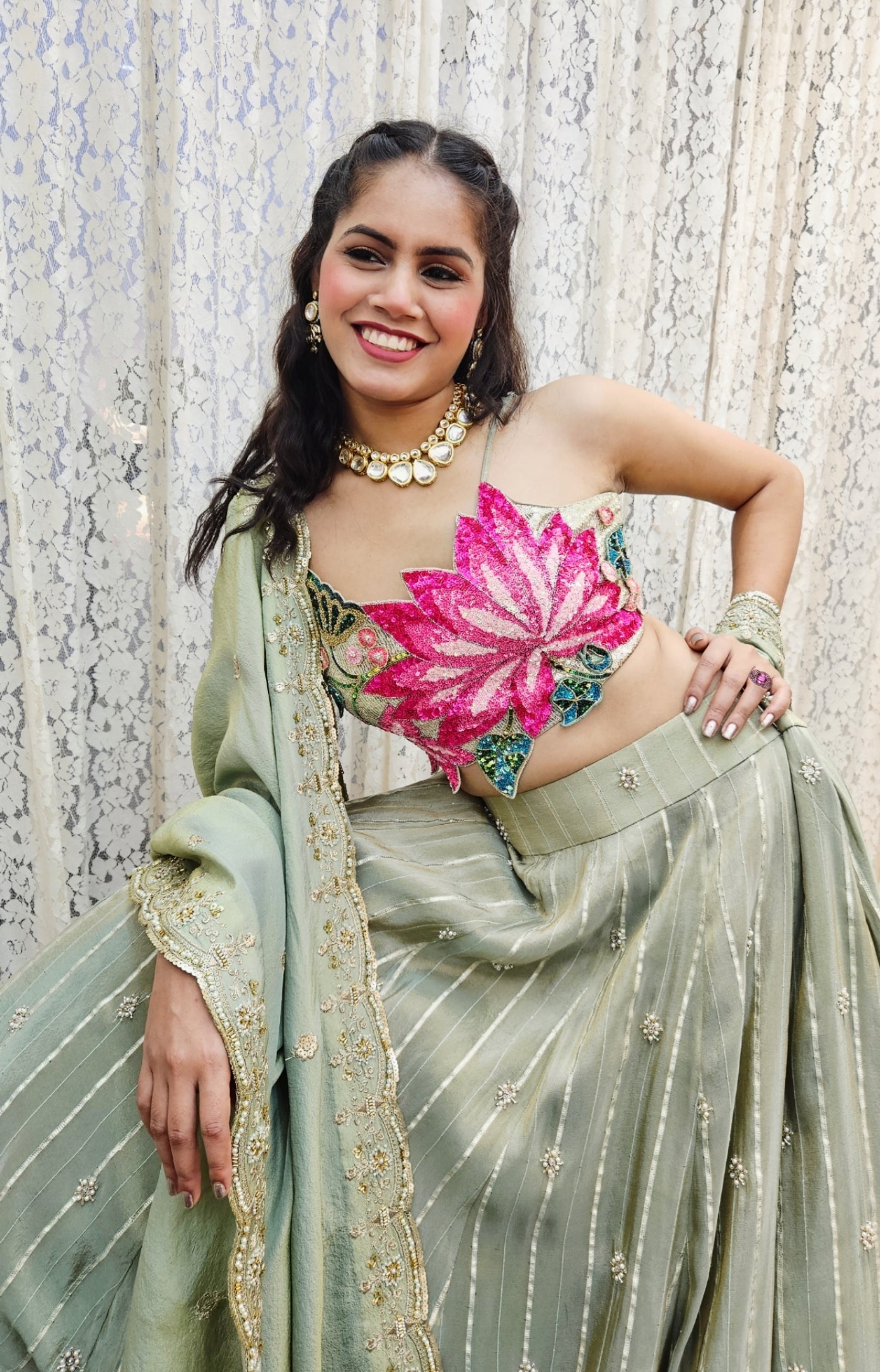 Lotus in a Pond  Lehenga Set  - Moss Green