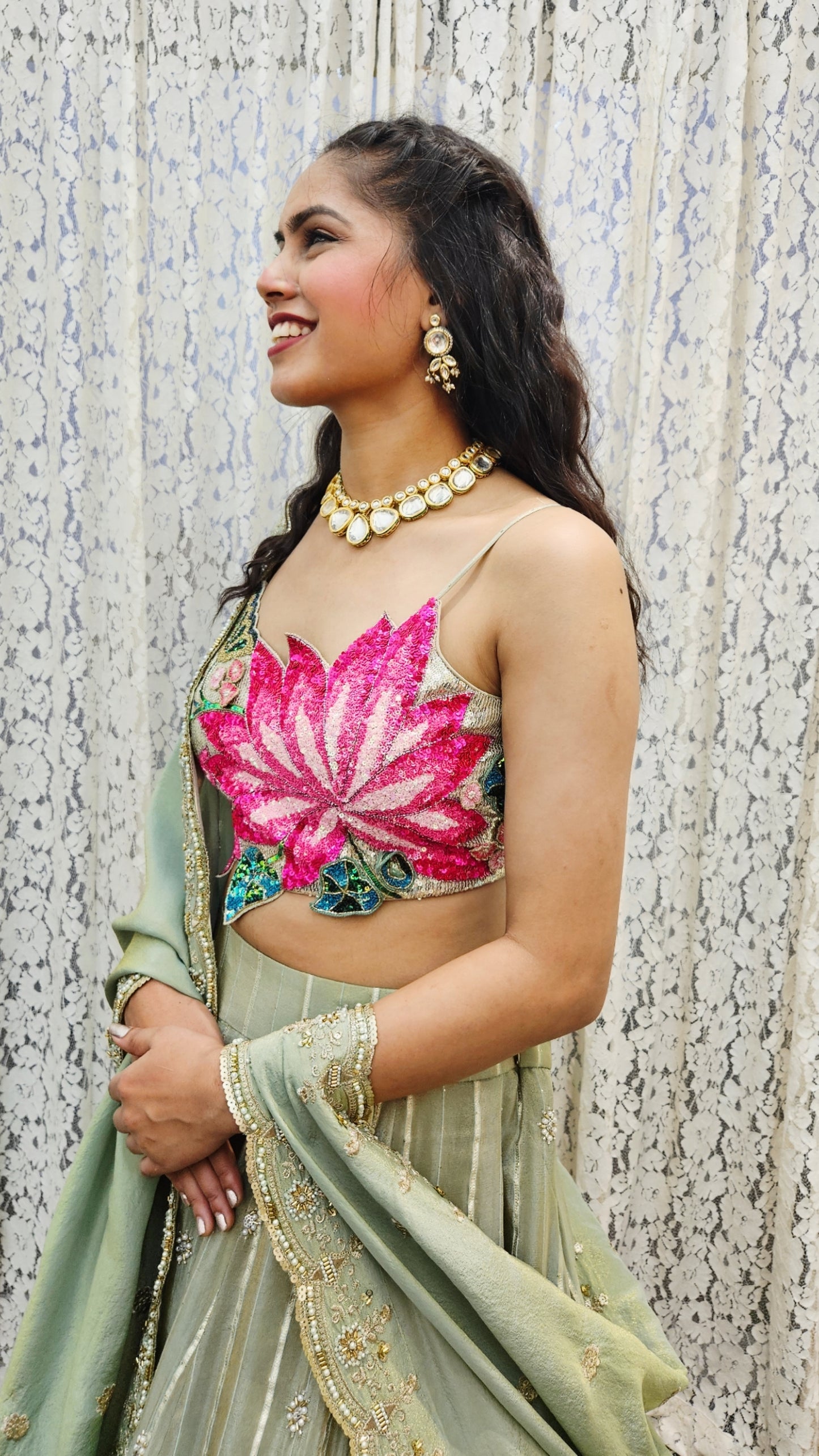 Lotus in a Pond  Lehenga Set  - Moss Green