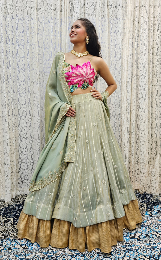 Lotus in a Pond  Lehenga Set  - Moss Green