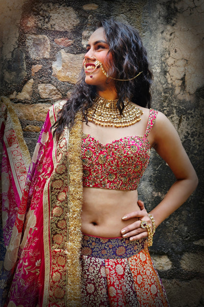 MULTICOLOURED BANARASI BROCADE LEHENGA SET