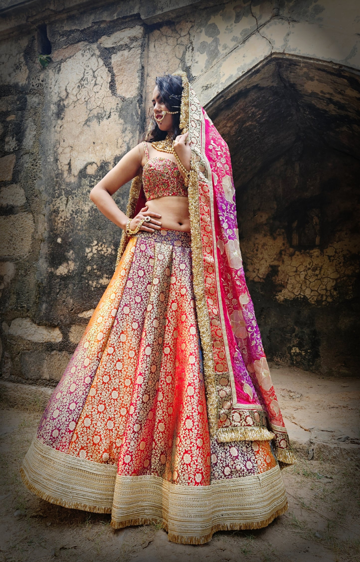 MULTICOLOURED BANARASI BROCADE LEHENGA SET