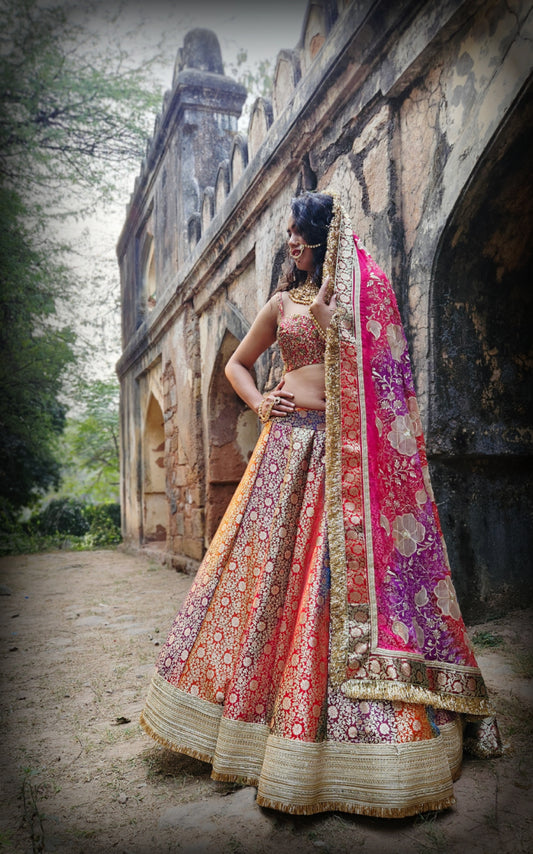 MULTICOLOURED BANARASI BROCADE LEHENGA SET