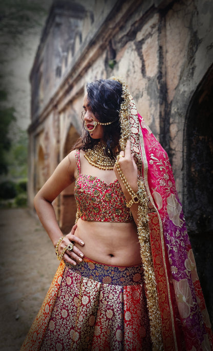 MULTICOLOURED BANARASI BROCADE LEHENGA SET