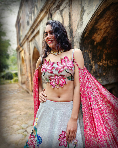 Silver lotus in a pond sequin handwork  lehenga set