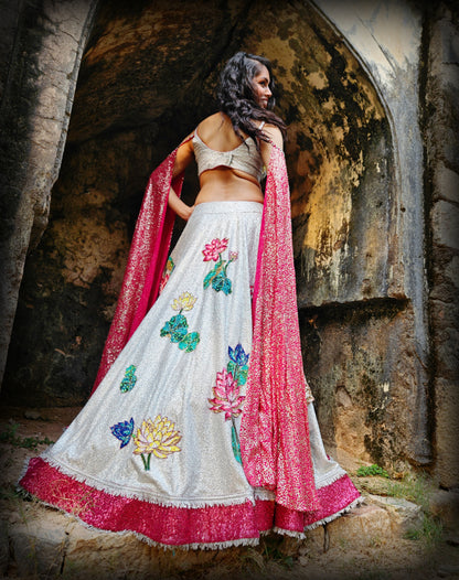 Silver lotus in a pond sequin handwork  lehenga set