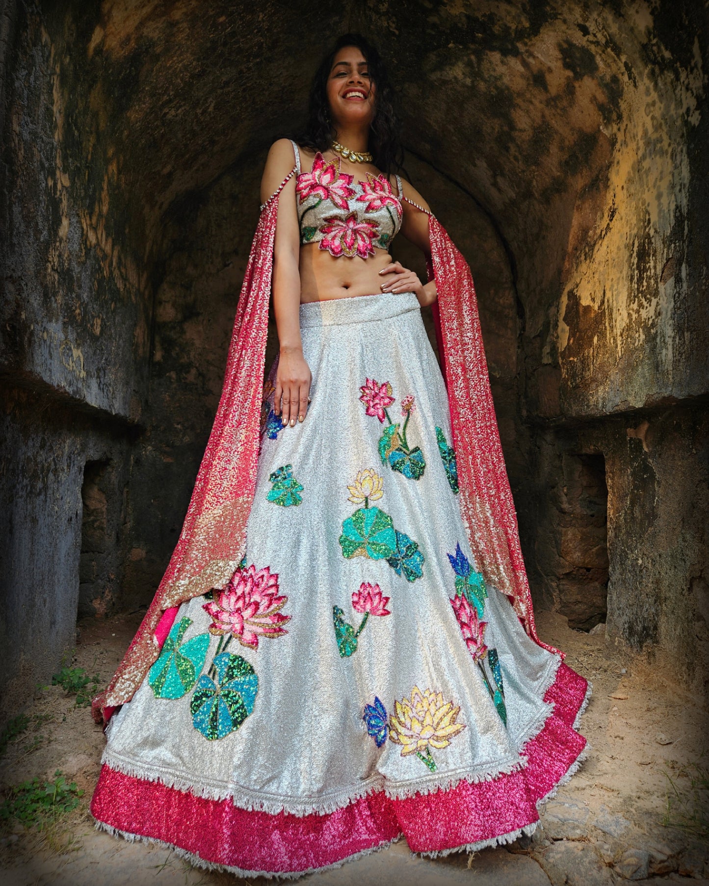 Silver lotus in a pond sequin handwork  lehenga set