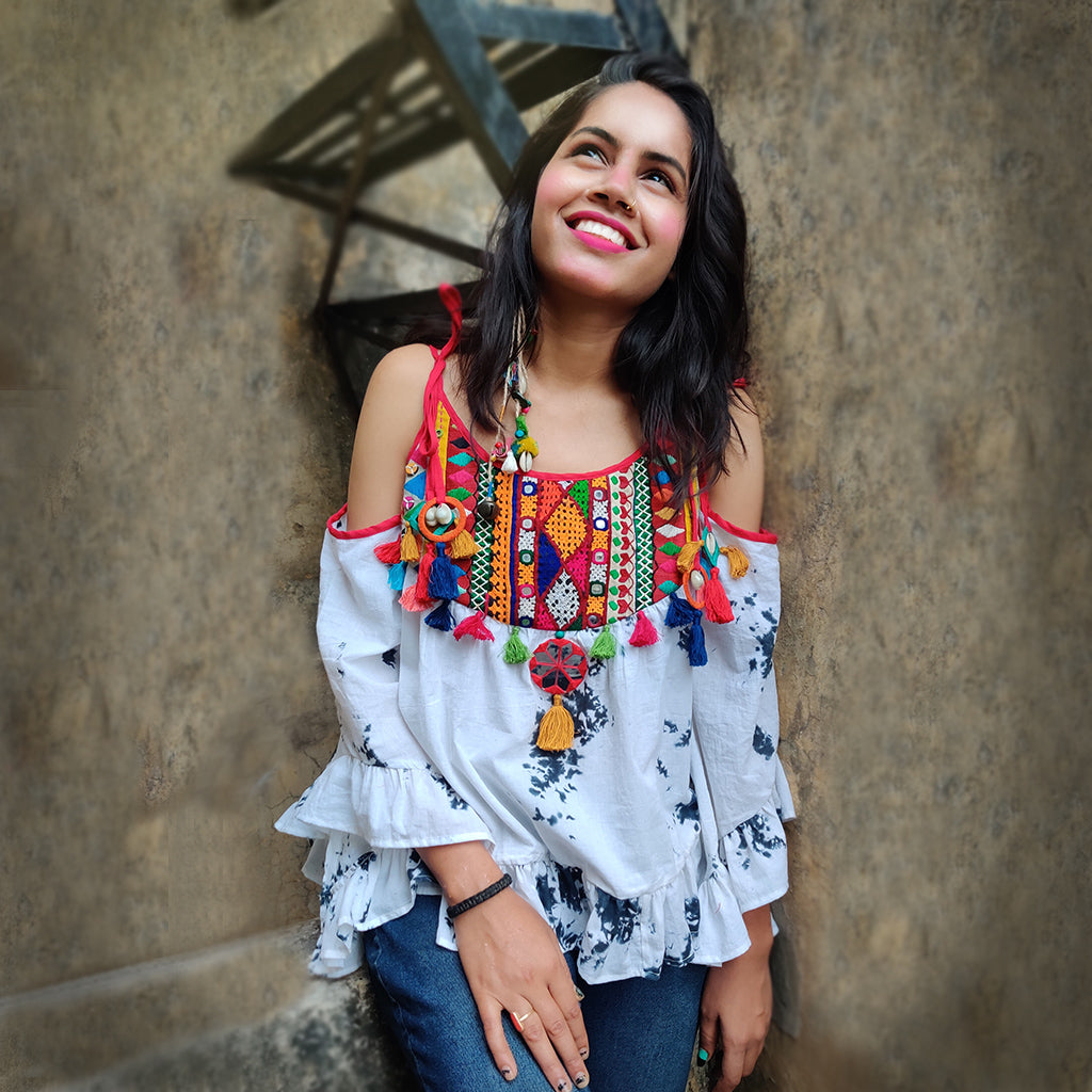 Breezy Hand-embroidered  Tie-dye Boho Top