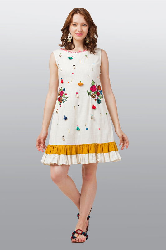 Flower Bunch Threadwork Dress- Offwhite