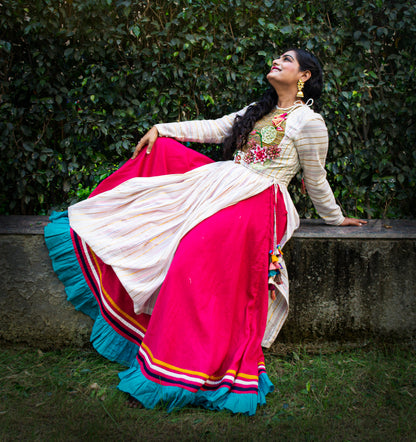 Lotus In A Pond Offwhite Kurta and Pink Skirt Set