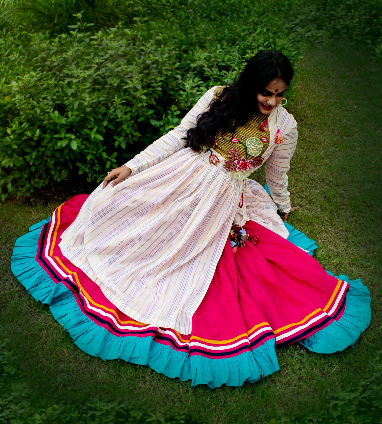 Lotus In A Pond Offwhite Kurta and Pink Skirt Set