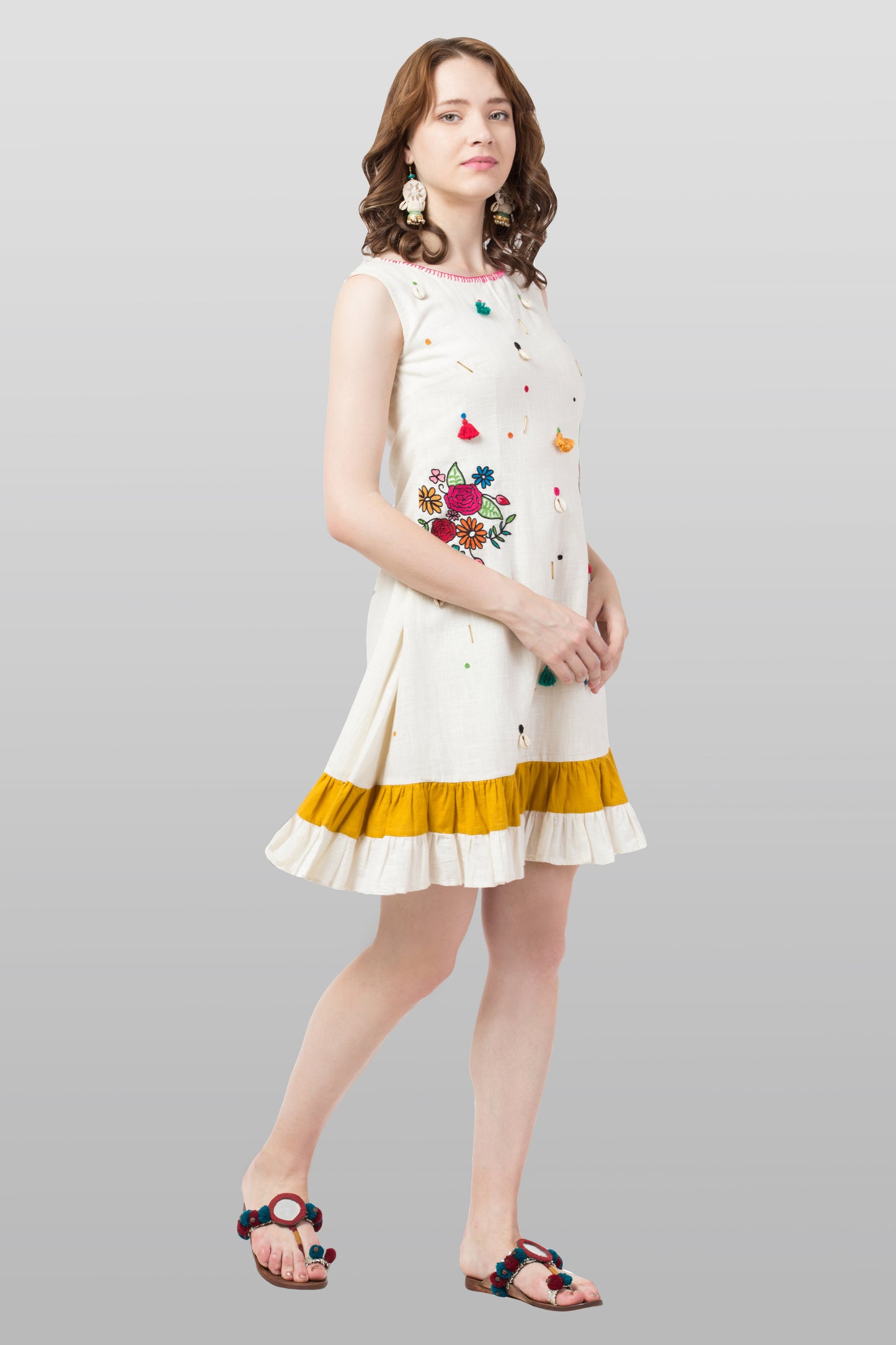 Flower Bunch Threadwork Dress- Offwhite