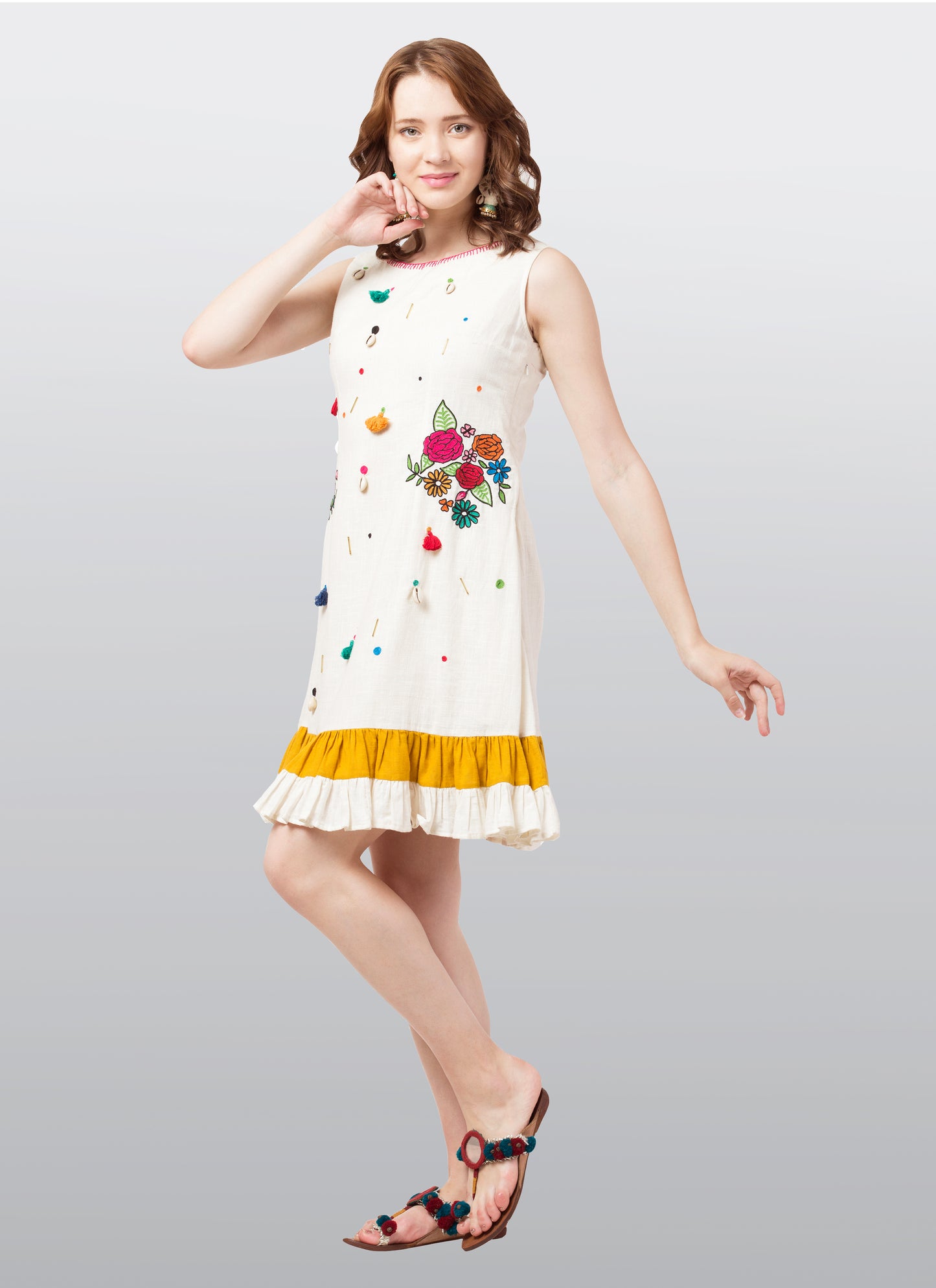 Flower Bunch Threadwork Dress- Offwhite