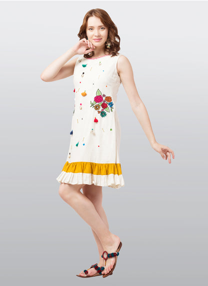 Flower Bunch Threadwork Dress- Offwhite