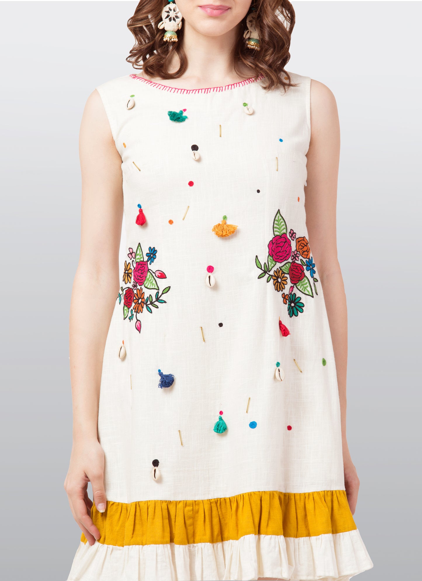 Flower Bunch Threadwork Dress- Offwhite