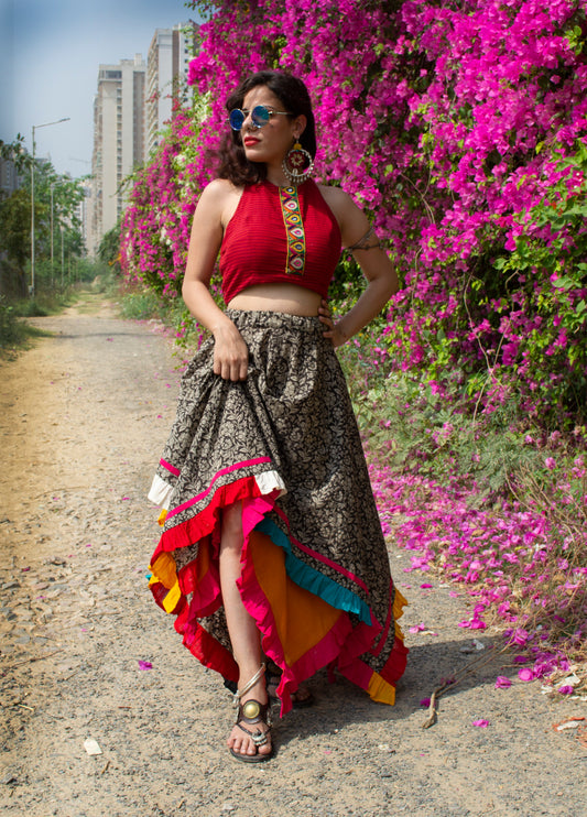 Red halter blouse and double handkerchief skirt set