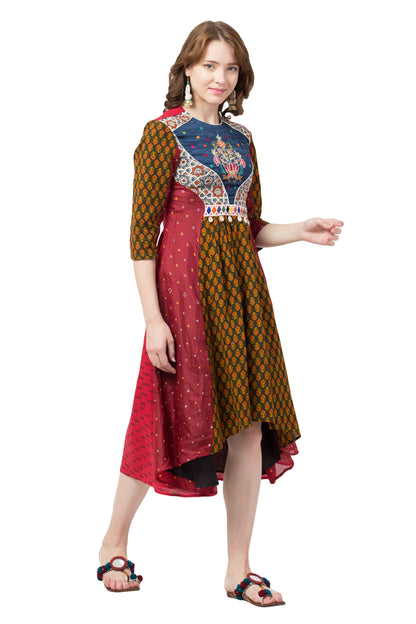 Ajrakh & Bandhni Print  Hand-embroidered C Cut dress- Red & Blue