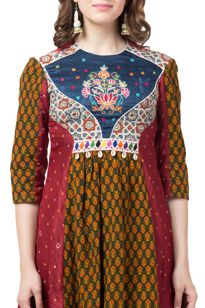 Ajrakh & Bandhni Print  Hand-embroidered C Cut dress- Red & Blue