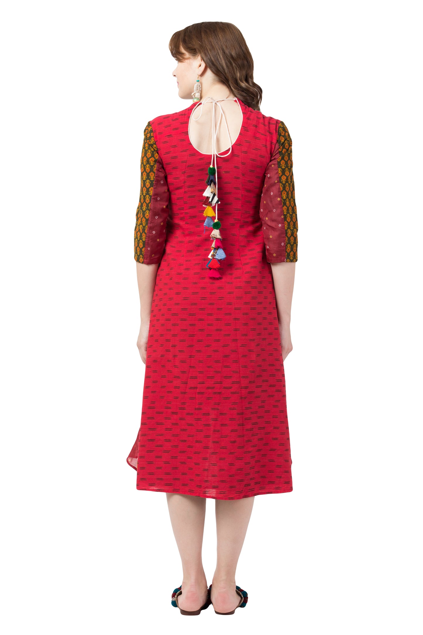 Ajrakh & Bandhni Print  Hand-embroidered C Cut dress- Red & Blue