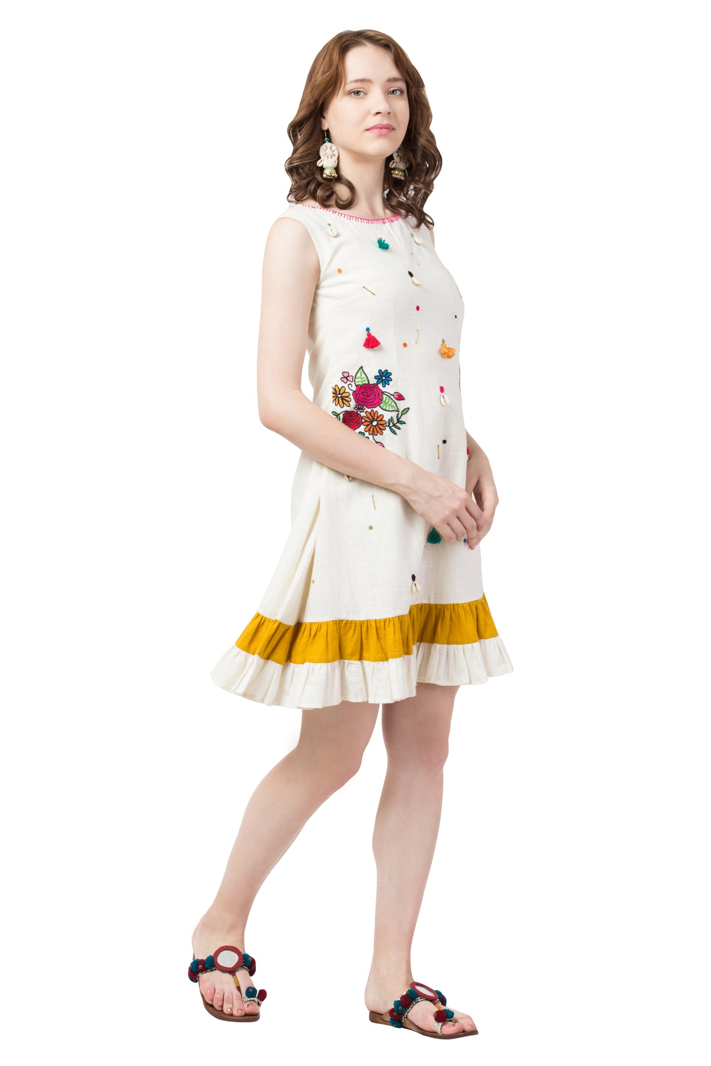 Bunch of flowers A-line hand-embroidered  dress - Off-white