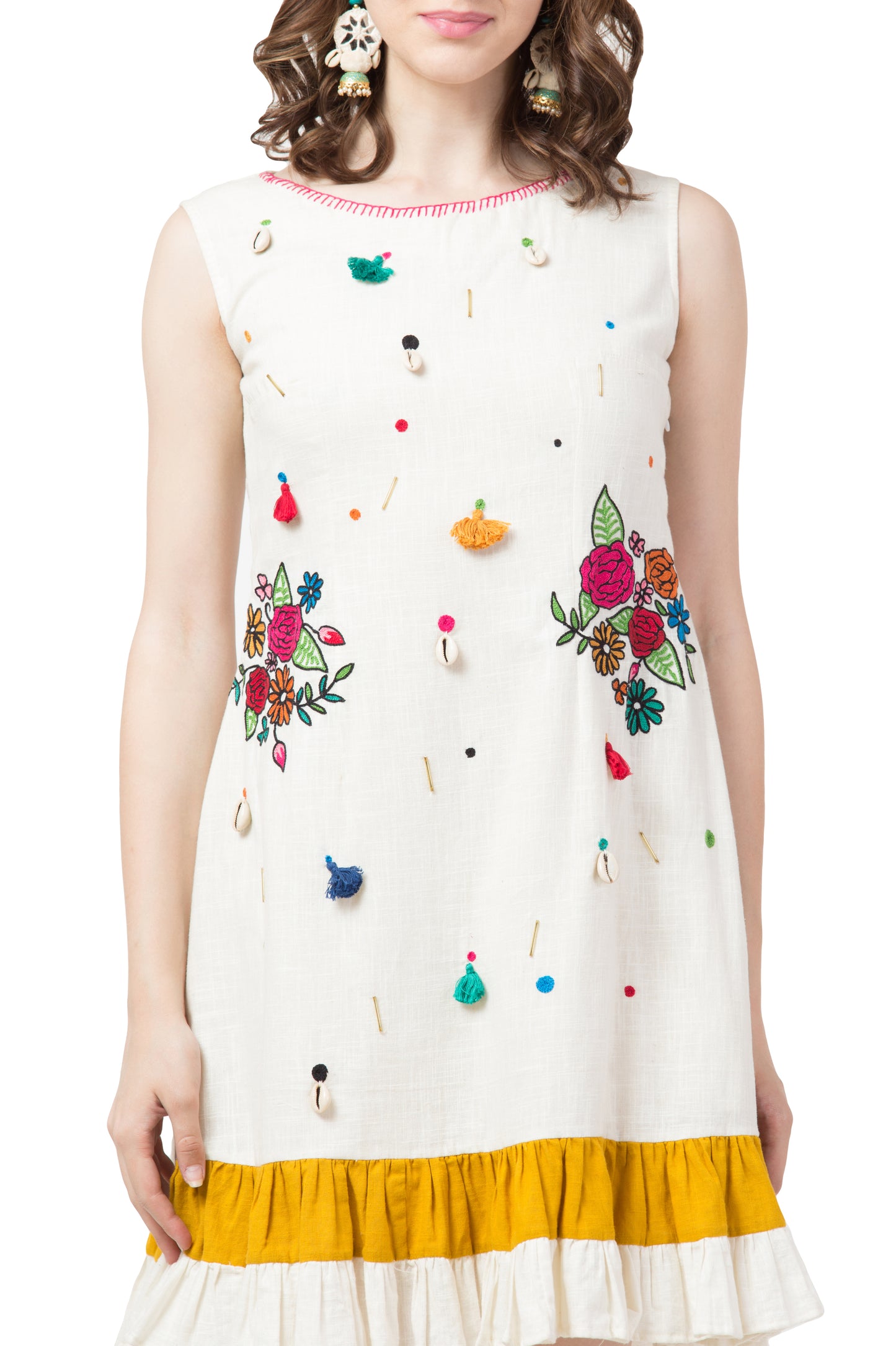 Bunch of flowers A-line hand-embroidered  dress - Off-white