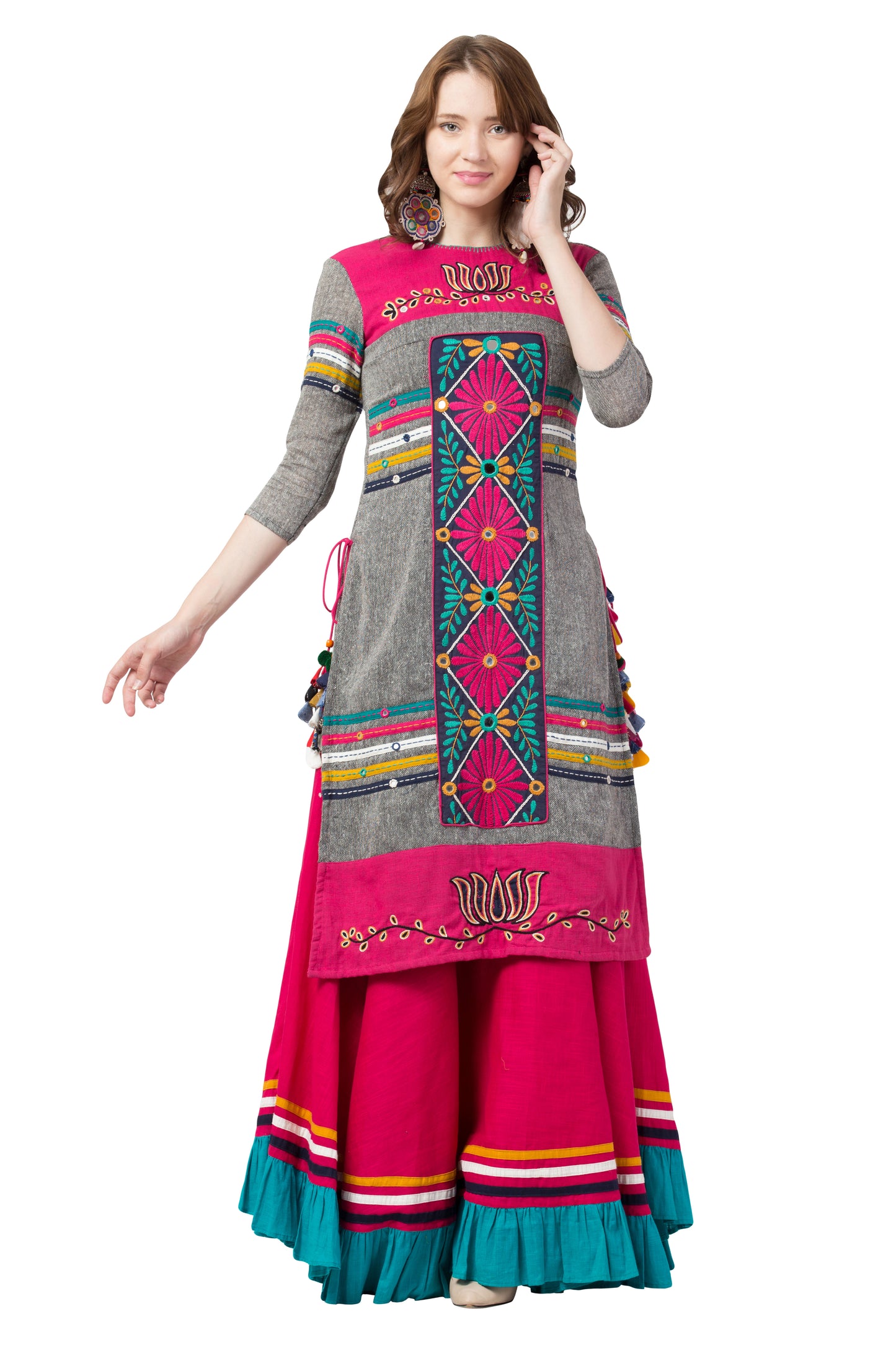 Grey Jute Kurti And Skirt Set