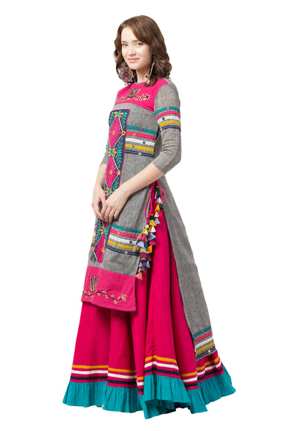 Grey Jute Kurti And Skirt Set