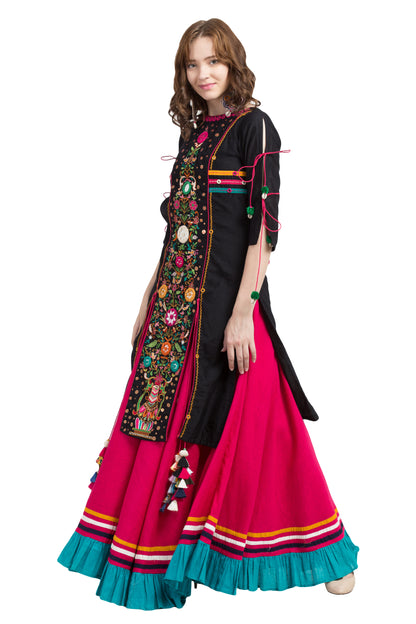 Zardozi Embroidery Mughal Kurti and Skirt Set - Black & Pink