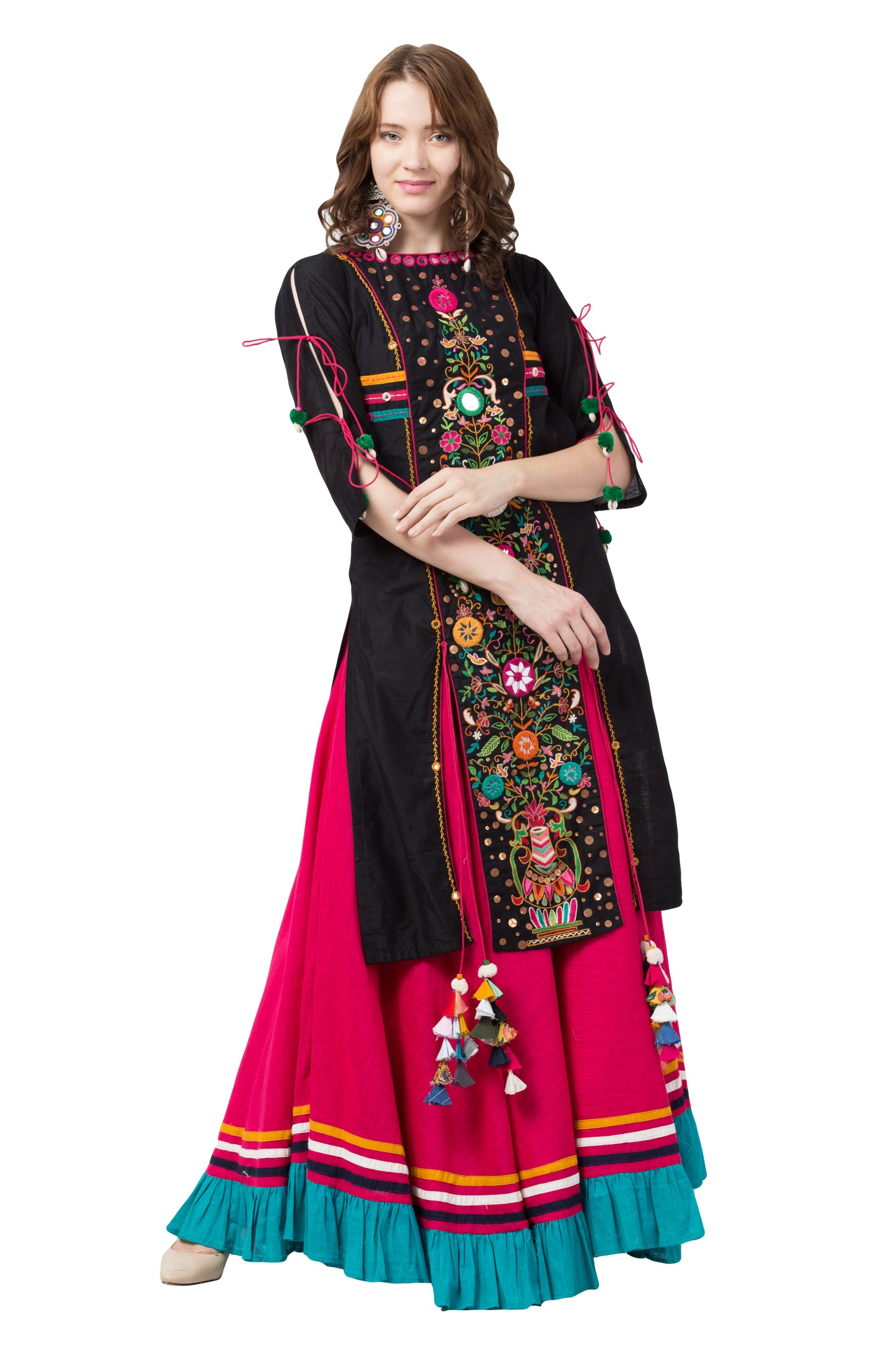 Zardozi Embroidery Mughal Kurti and Skirt Set - Black & Pink