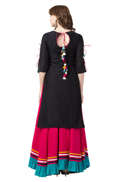 Zardozi Embroidery Mughal Kurti and Skirt Set - Black & Pink