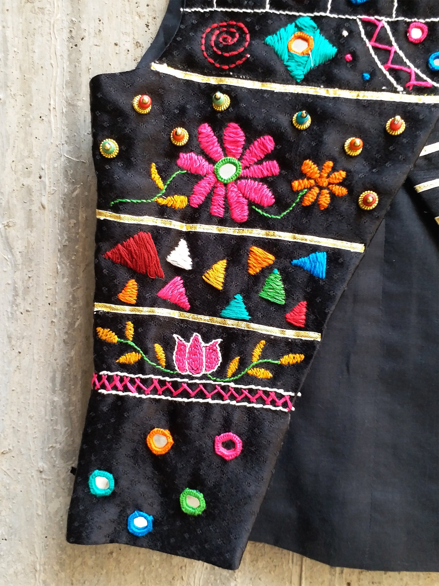 Silk Kalbelia Kuttchi Work Kid's Black Vest Jacket