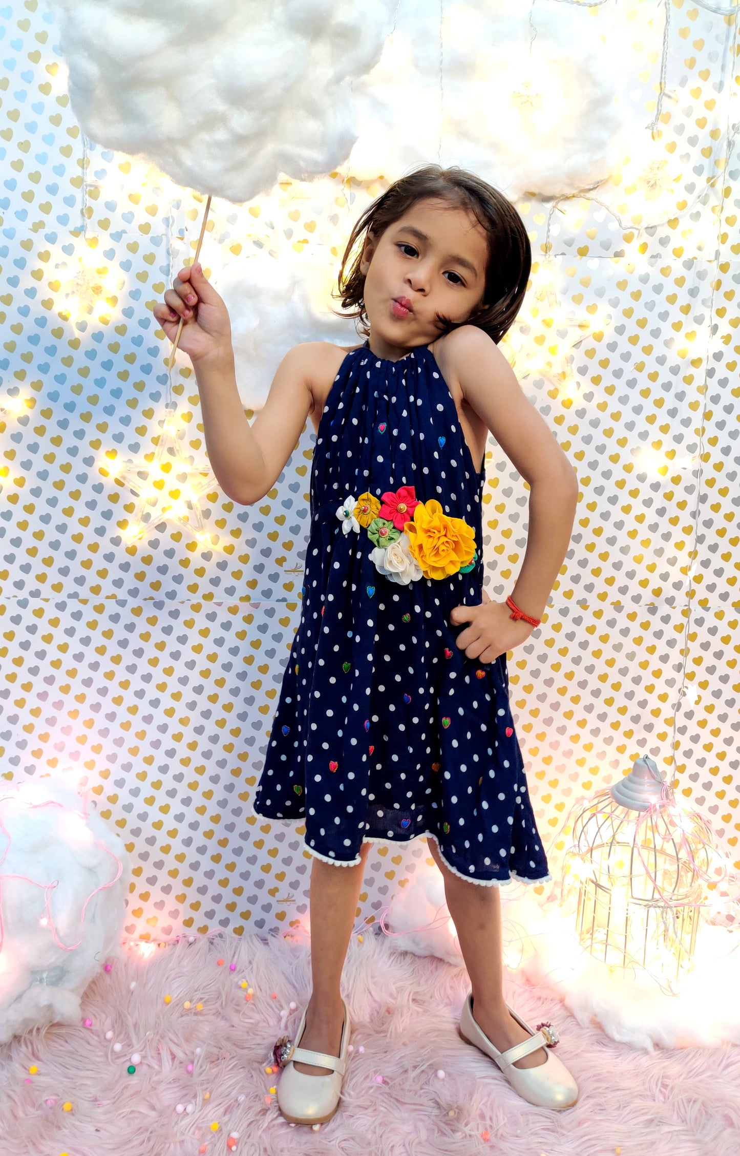 White and blue polka floral dress